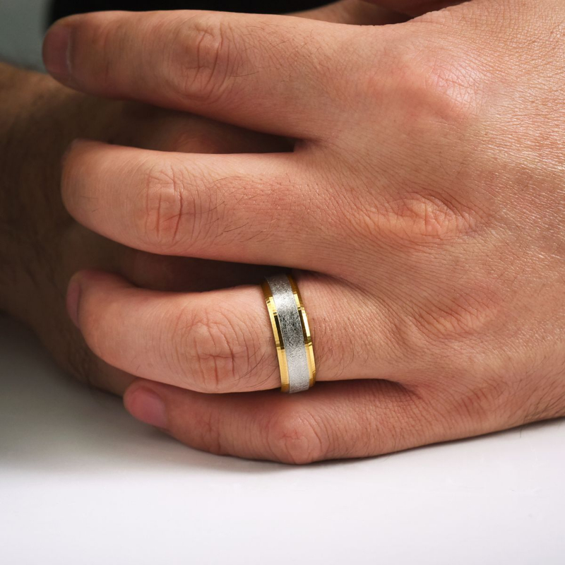 14k White and Yellow Gold 7mm Brushed Beveled Edge Wedding Band