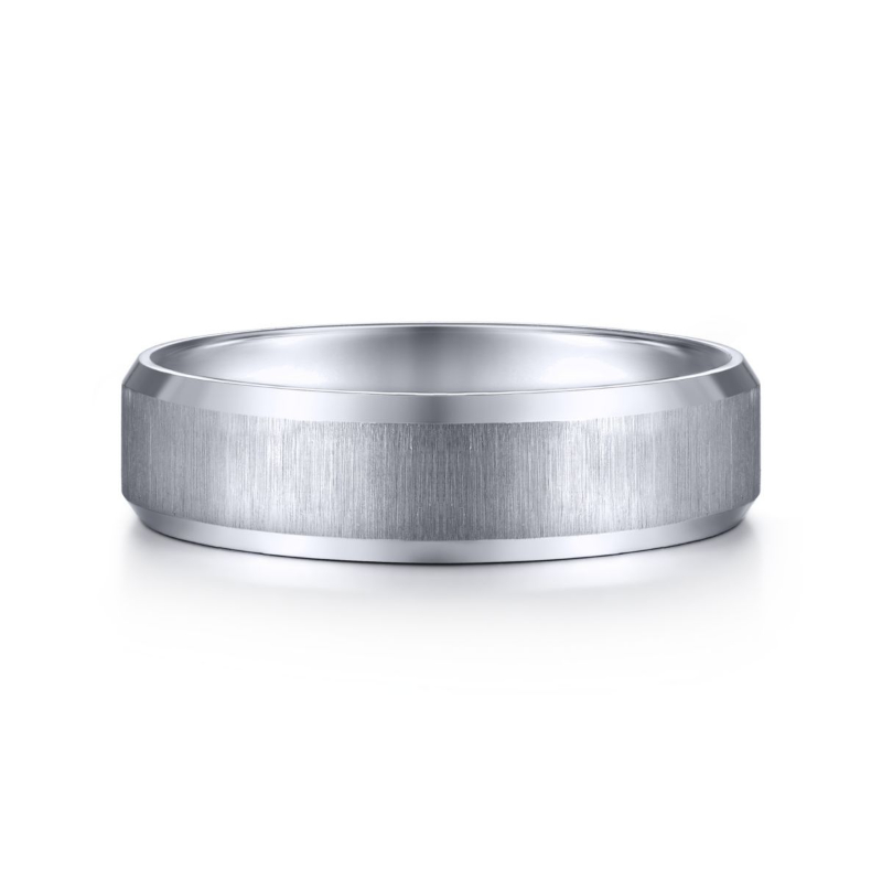 14K White Gold 6mm Sandblasted Center and Beveled Edge Wedding Band