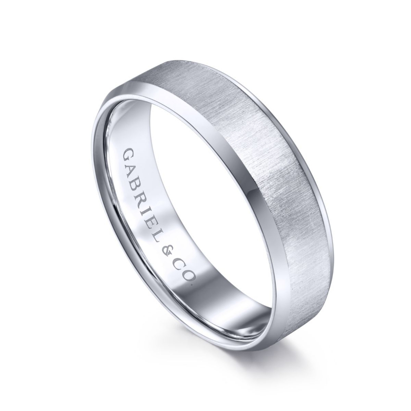 14K White Gold 6mm Sandblasted Center and Beveled Edge Wedding Band