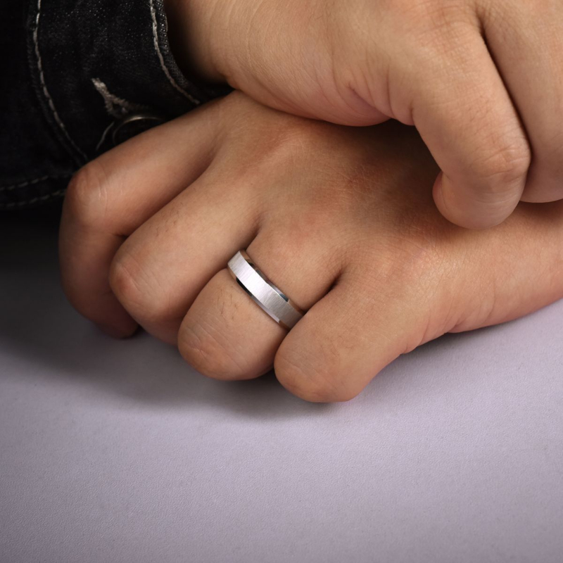 14K White Gold 6mm Sandblasted Center and Beveled Edge Wedding Band
