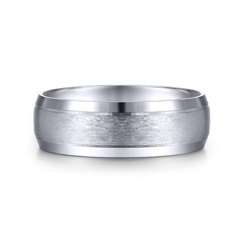 14K White Gold 7mm High Polished Beveled Edge Brushed Center Wedding Band