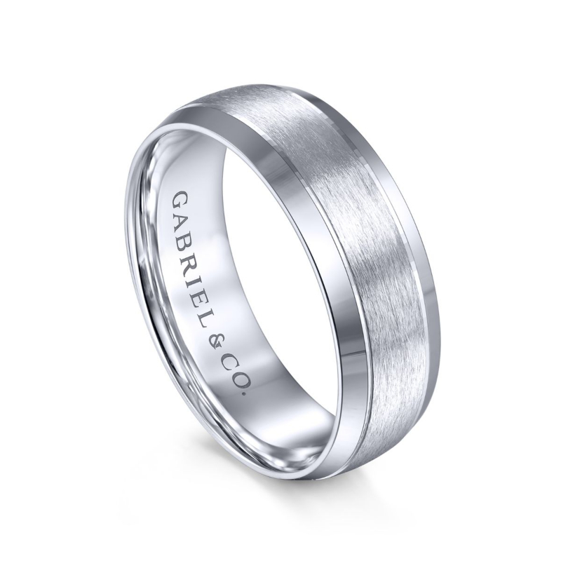 14K White Gold 7mm High Polished Beveled Edge Brushed Center Wedding Band