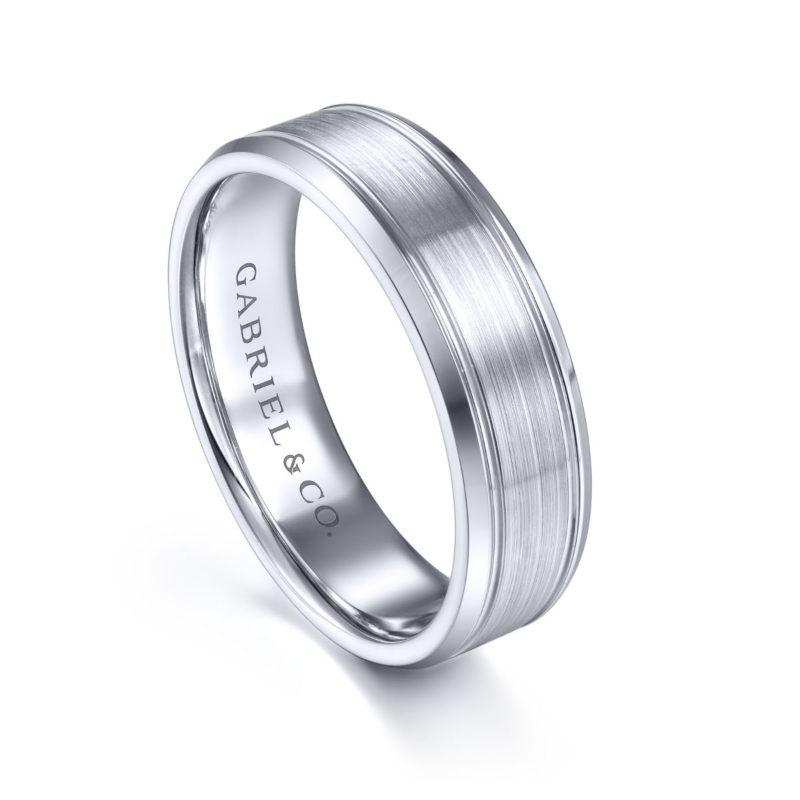 14K White Gold 6mm Brushed Center High Polished Beveled Edge