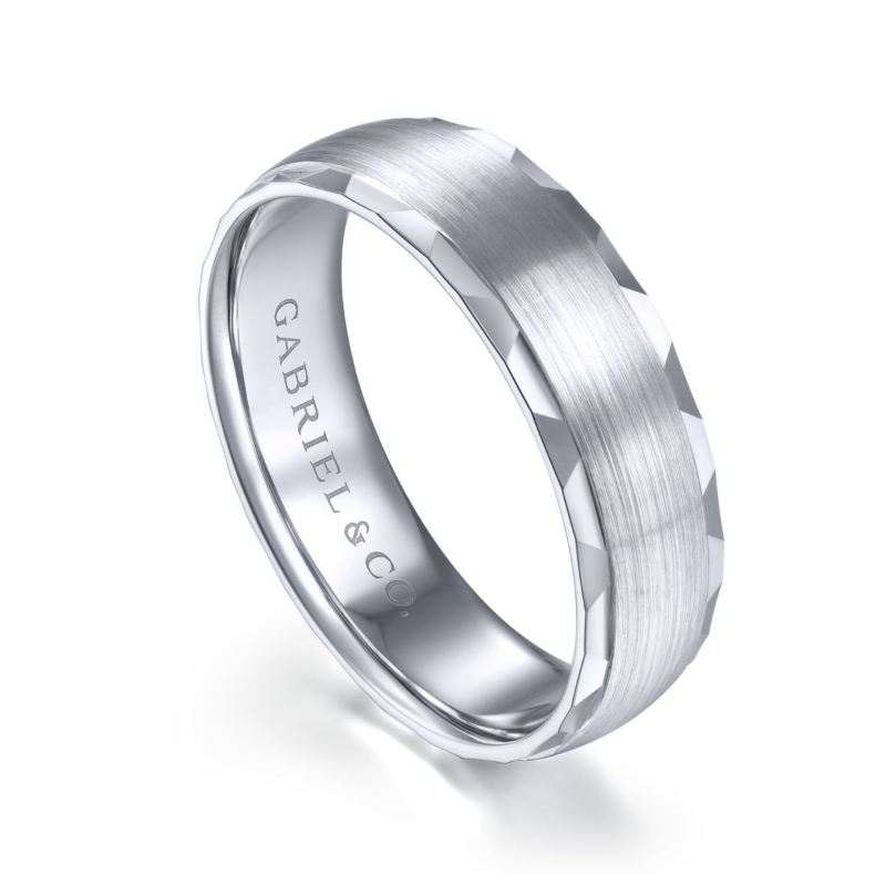 14K White Gold 6mm Satin Center Faceted Edge Wedding Band