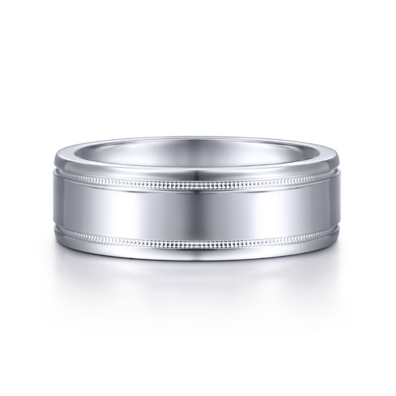 14K White Gold 7mm High Polished Milgrain Groved Wedding Band