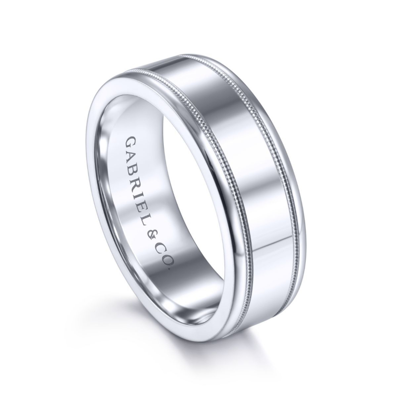14K White Gold 7mm High Polished Milgrain Groved Wedding Band