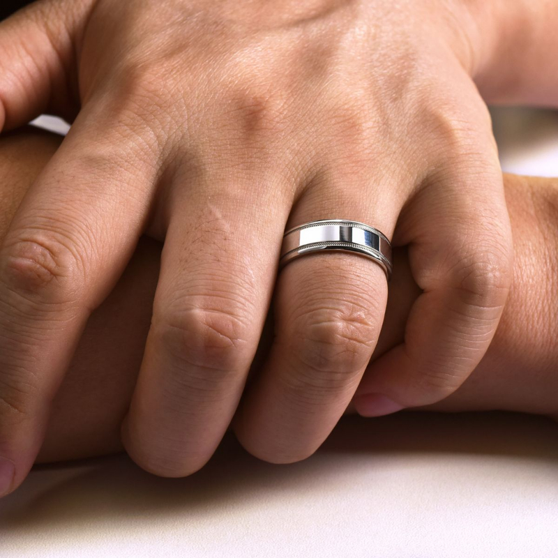 14K White Gold 7mm High Polished Milgrain Groved Wedding Band
