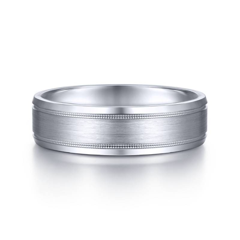 14K White Gold 6mm Satin Center Milgrain Edge Wedding Band