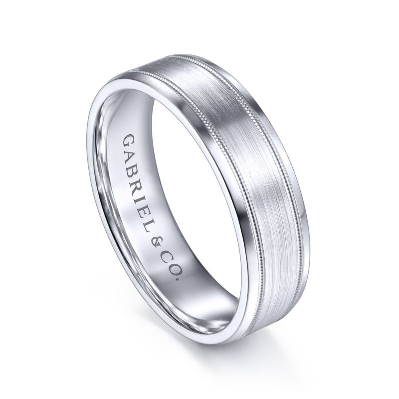 14K White Gold 6mm Satin Center Milgrain Edge Wedding Band