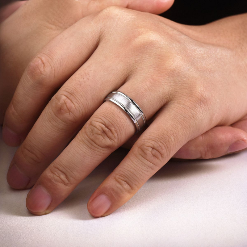 14K White Gold 7mm Satin Center Coin Edge Wedding Band