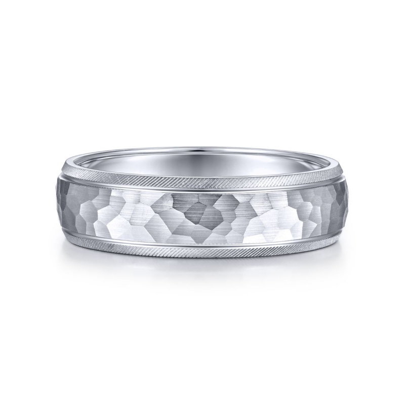 14K White Gold 6mm Hammered Center Groved Edge Wedding Band