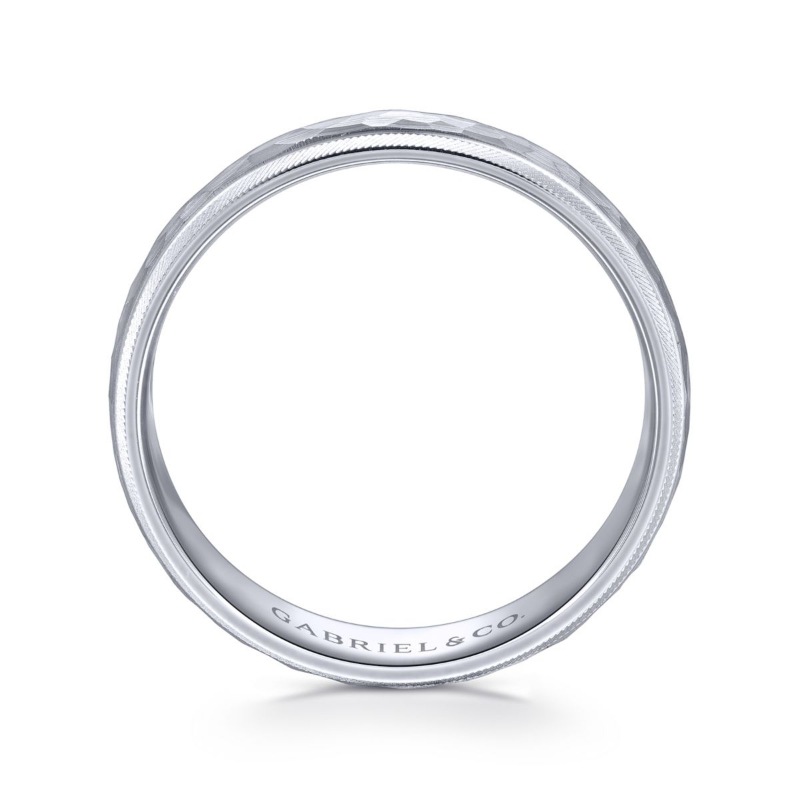14K White Gold 6mm Hammered Center Groved Edge Wedding Band