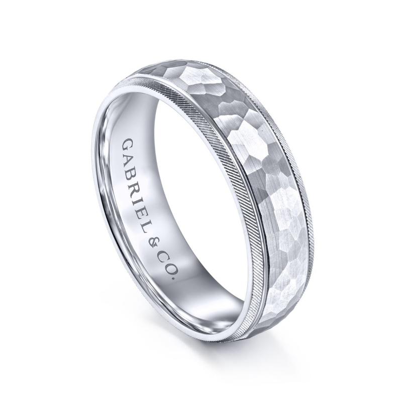 14K White Gold 6mm Hammered Center Groved Edge Wedding Band