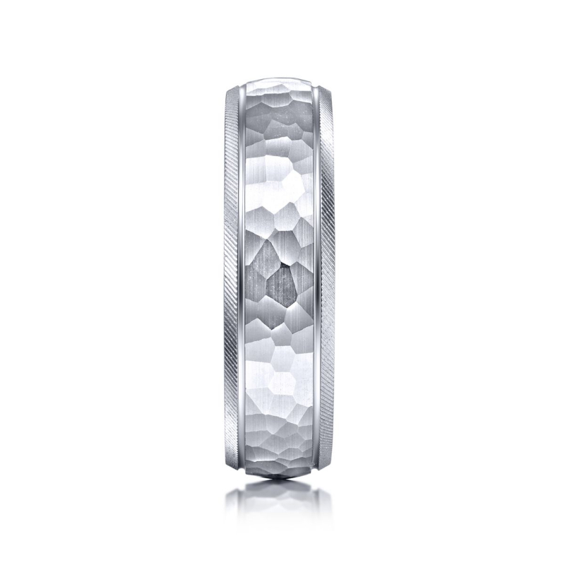 14K White Gold 6mm Hammered Center Groved Edge Wedding Band
