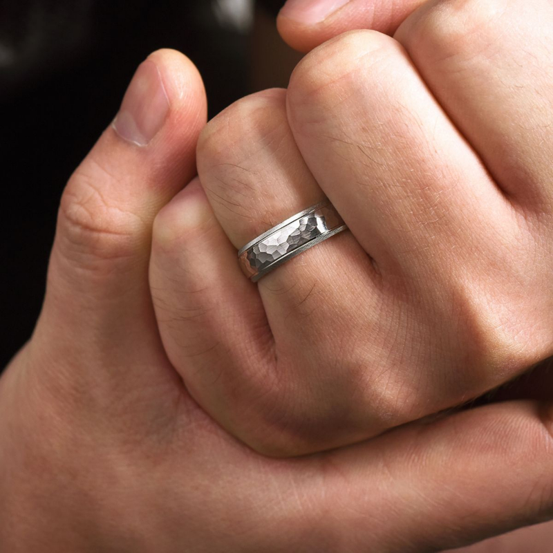 14K White Gold 6mm Hammered Center Groved Edge Wedding Band