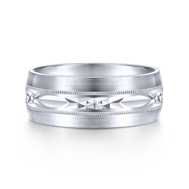 14K White Gold 8mm Carved Center Milgrain Detail Wedding Band