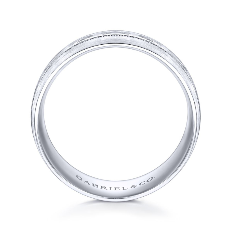 14K White Gold 8mm Carved Center Milgrain Detail Wedding Band