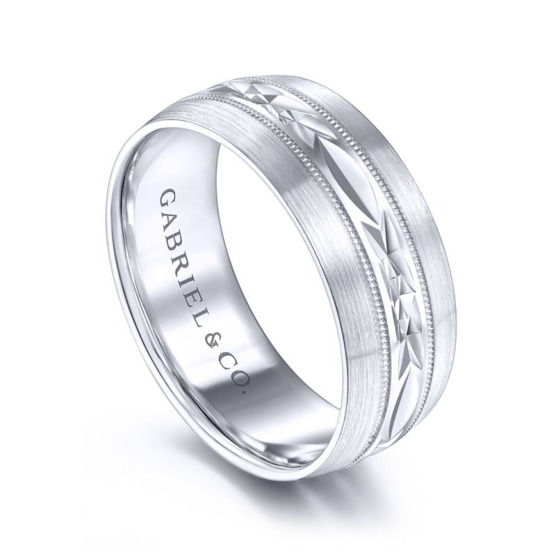 14K White Gold 8mm Carved Center Milgrain Detail Wedding Band