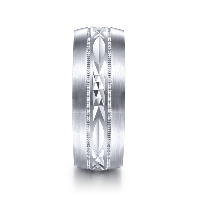 14K White Gold 8mm Carved Center Milgrain Detail Wedding Band
