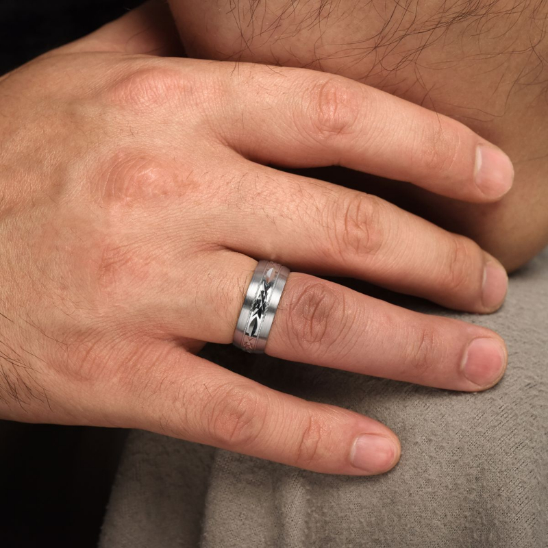 14K White Gold 8mm Carved Center Milgrain Detail Wedding Band