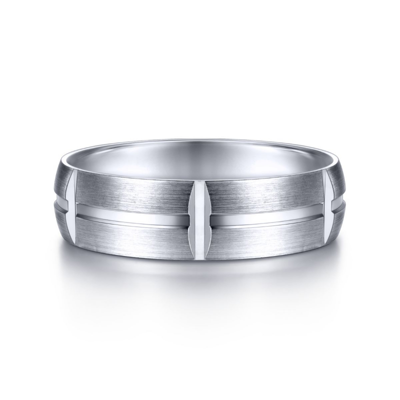 14K White Gold 6mm Center Groove Vertical Grove Brushed Wedding Band
