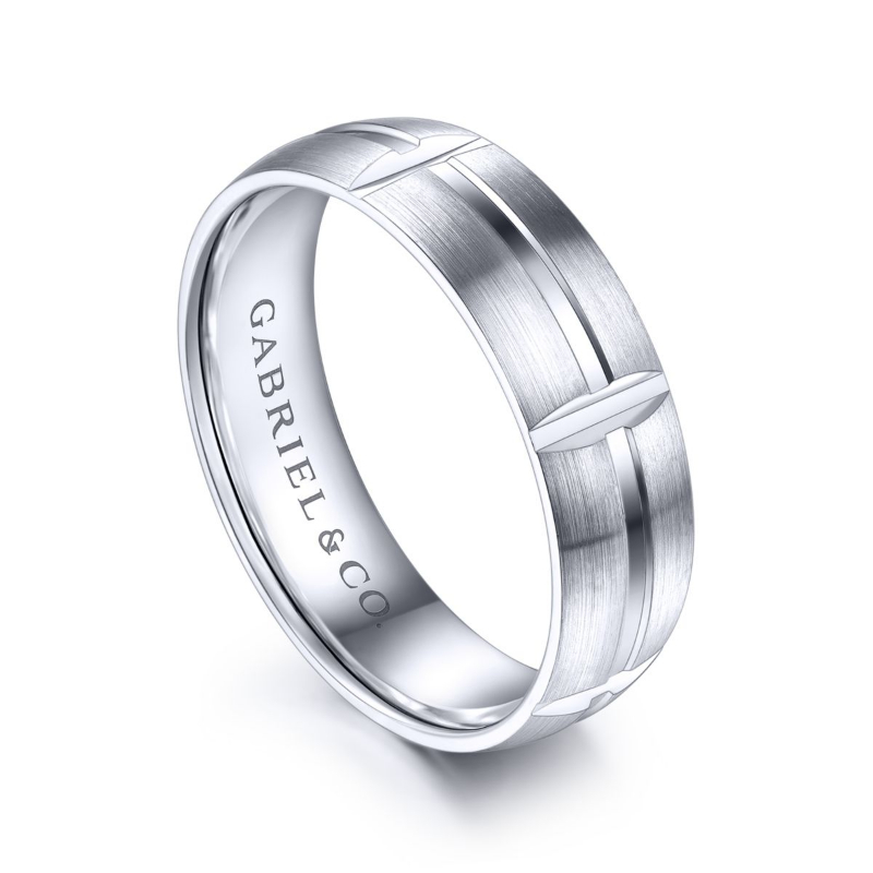 14K White Gold 6mm Center Groove Vertical Grove Brushed Wedding Band