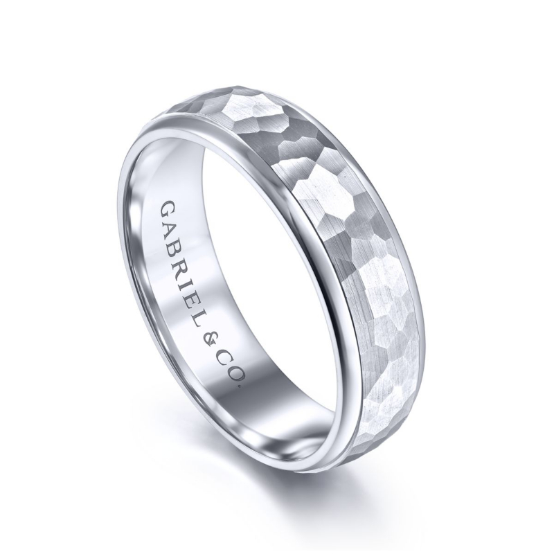 14K White Gold 6mm Hammered Center Polished Edge Wedding Band