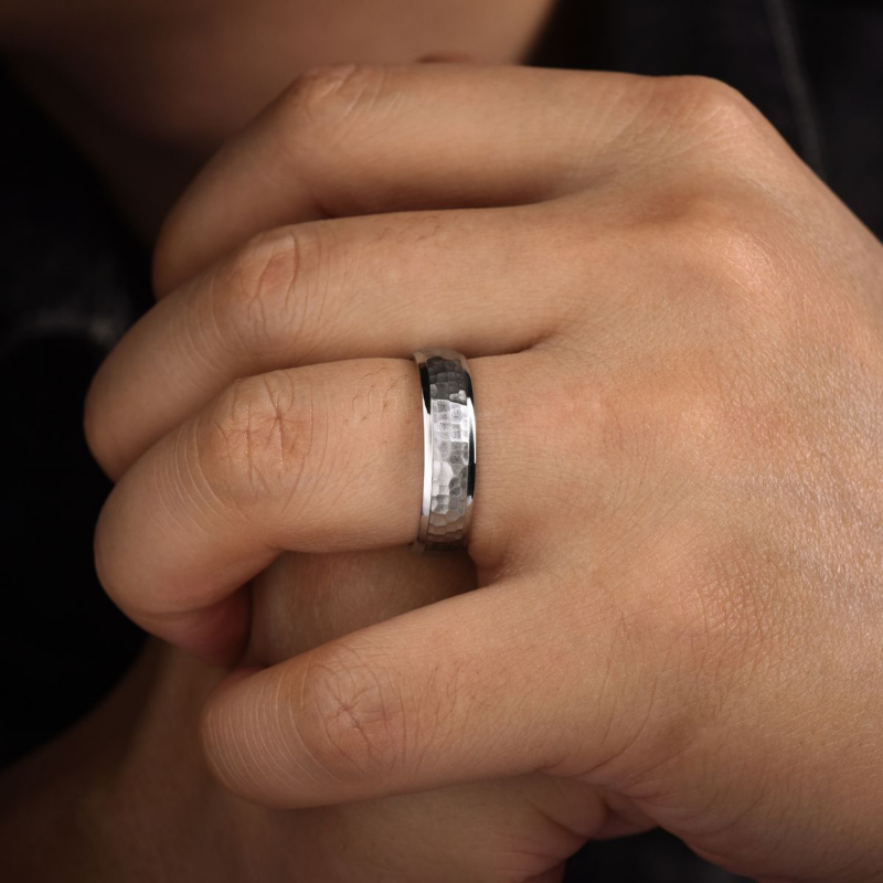 14K White Gold 6mm Hammered Center Polished Edge Wedding Band