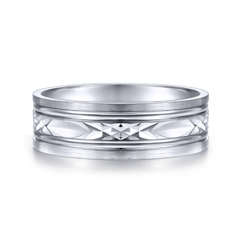 14K White Gold 7mm Diamond Carved Pattern Brushed Rail Wedding Band