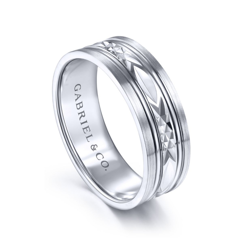 14K White Gold 7mm Diamond Carved Pattern Brushed Rail Wedding Band