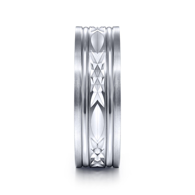 14K White Gold 7mm Diamond Carved Pattern Brushed Rail Wedding Band