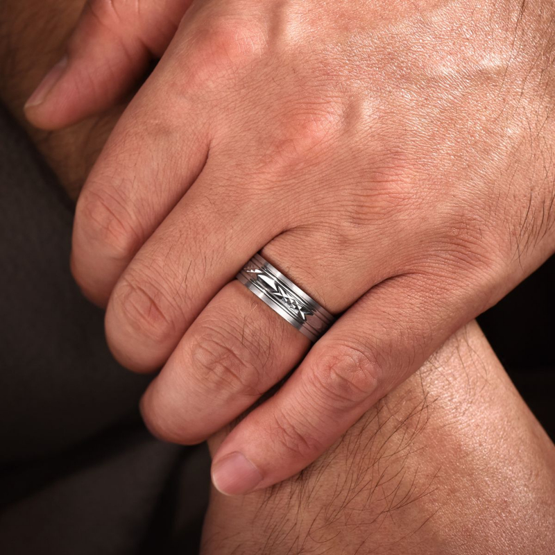 14K White Gold 7mm Diamond Carved Pattern Brushed Rail Wedding Band