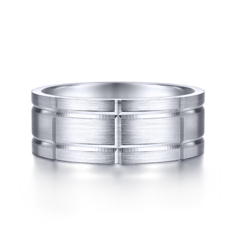 14K White Gold 8mm Checkerboard Brushed Wedding Band