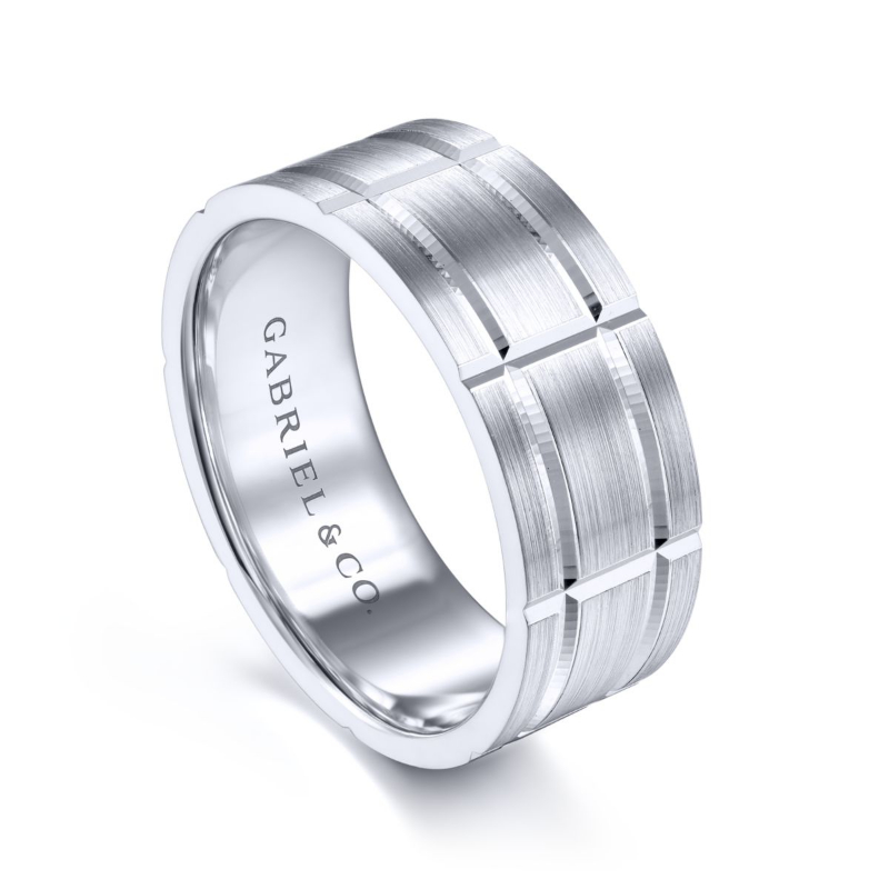 14K White Gold 8mm Checkerboard Brushed Wedding Band
