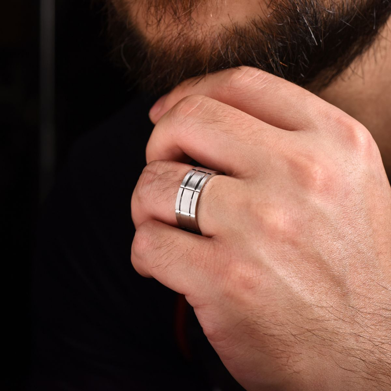 14K White Gold 8mm Checkerboard Brushed Wedding Band