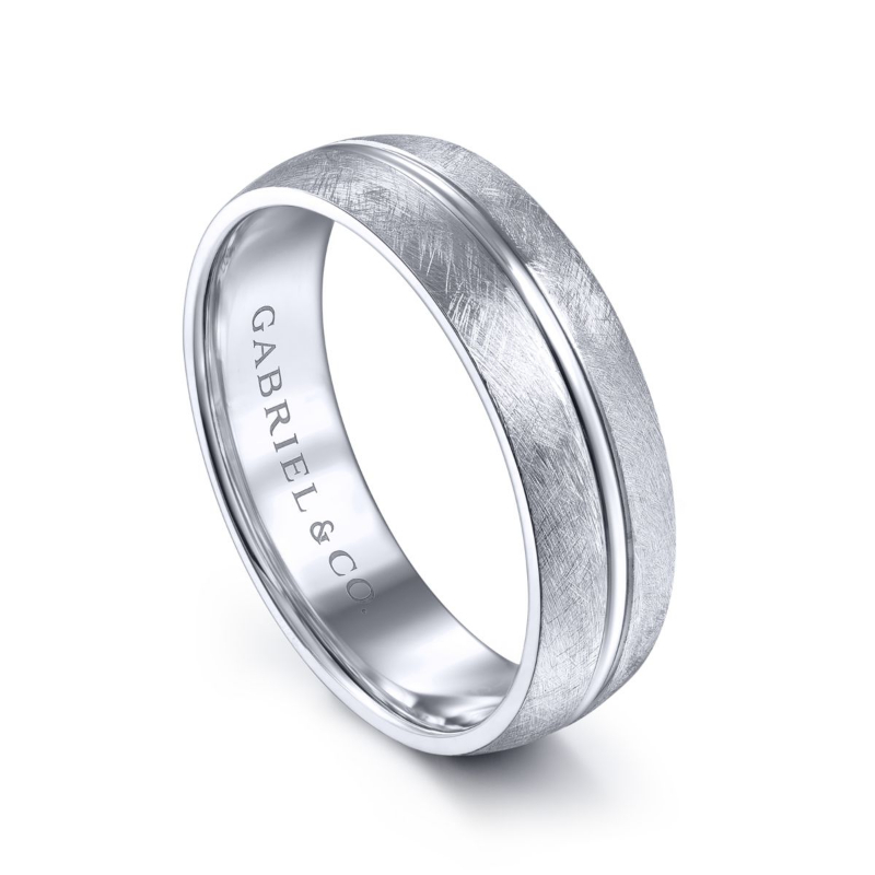 14K White Gold 6mm Polished Center Florentine Finish Wedding Band
