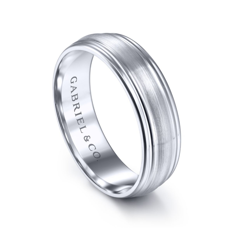 14K White Gold 6mm Raised Brushed Center Wedding Band