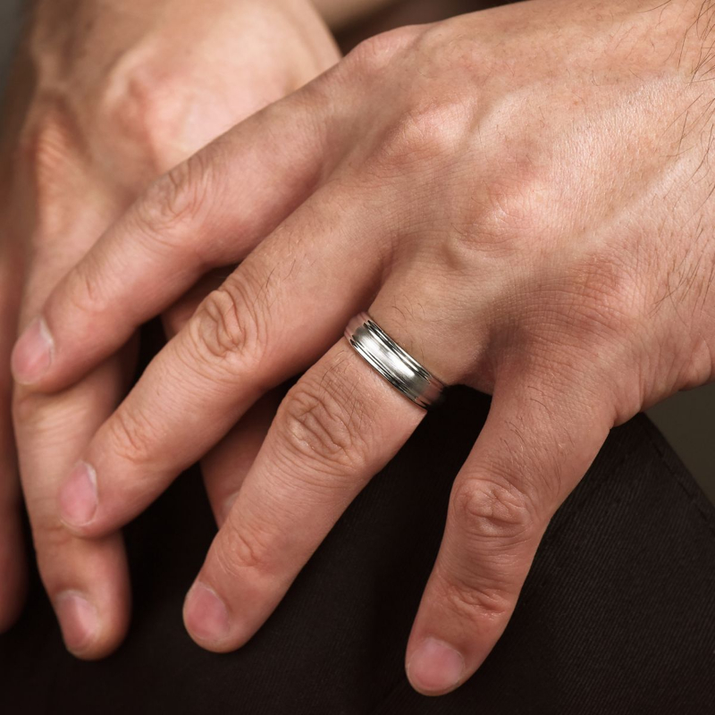14K White Gold 6mm Raised Brushed Center Wedding Band