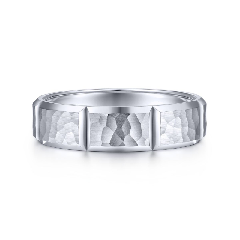14K White Gold 6mm Hammered Vertical Cut Wedding Band