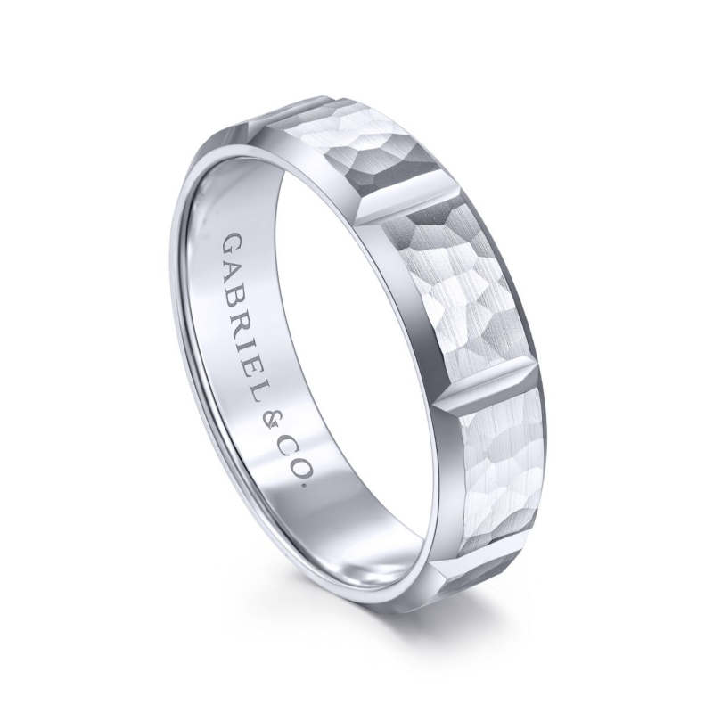 14K White Gold 6mm Hammered Vertical Cut Wedding Band