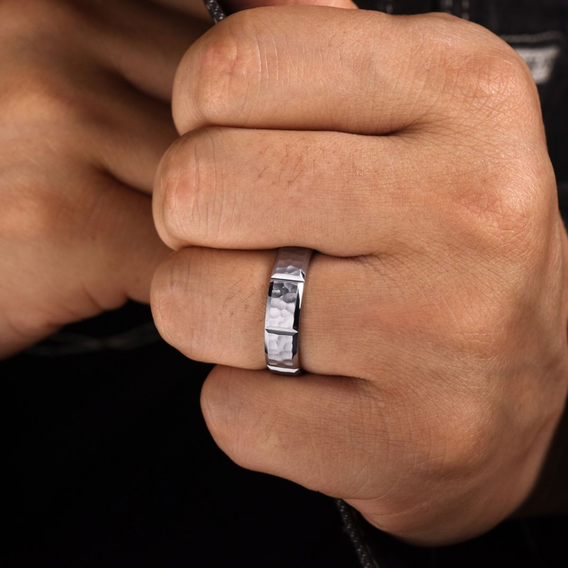 14K White Gold 6mm Hammered Vertical Cut Wedding Band