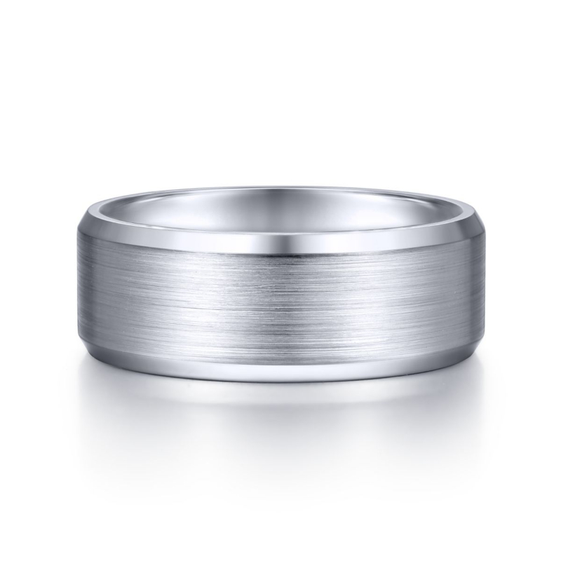 14K White Gold 8mm Satin Center Beveled Edge Wedding Band