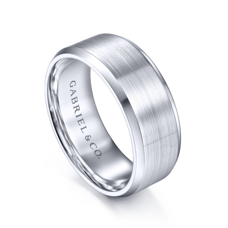 14K White Gold 8mm Satin Center Beveled Edge Wedding Band