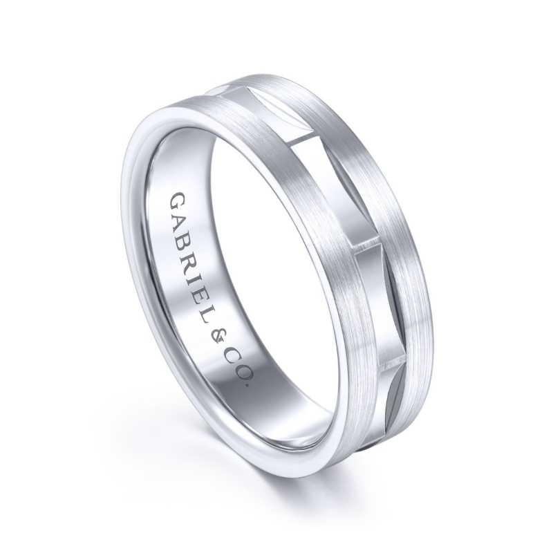 14K White Gold 6mm Center Groove Brushed Wedding Band