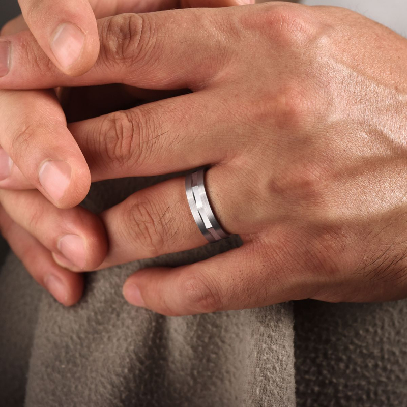 14K White Gold 6mm Center Groove Brushed Wedding Band