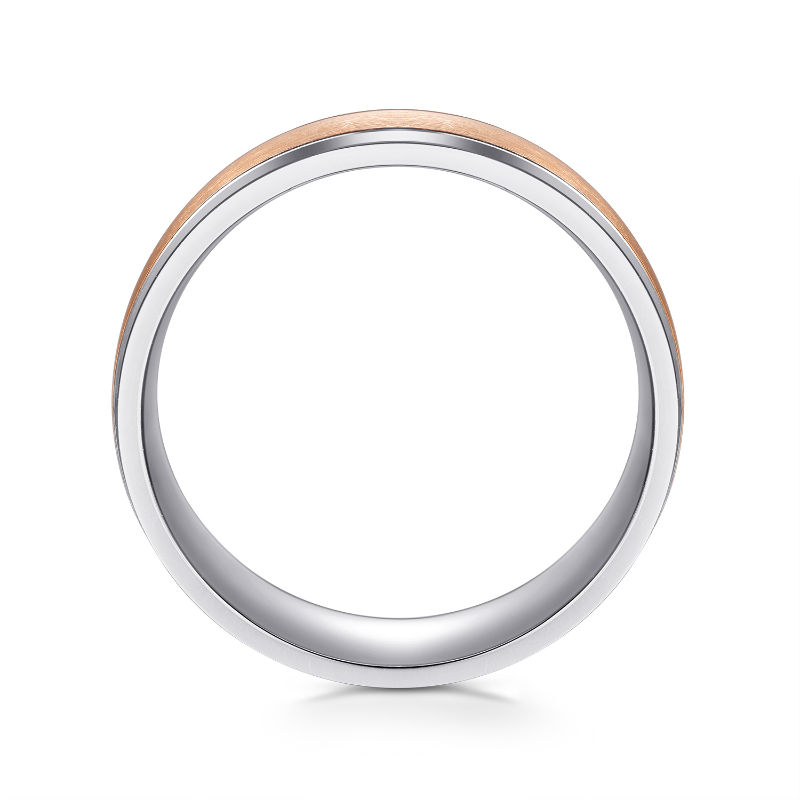 14K White and Rose Gold 7mm Satin Center Beveled Groove Flat Edge Wedding Band