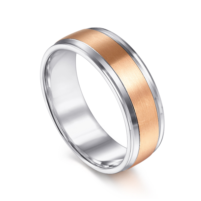14K White and Rose Gold 7mm Satin Center Beveled Groove Flat Edge Wedding Band