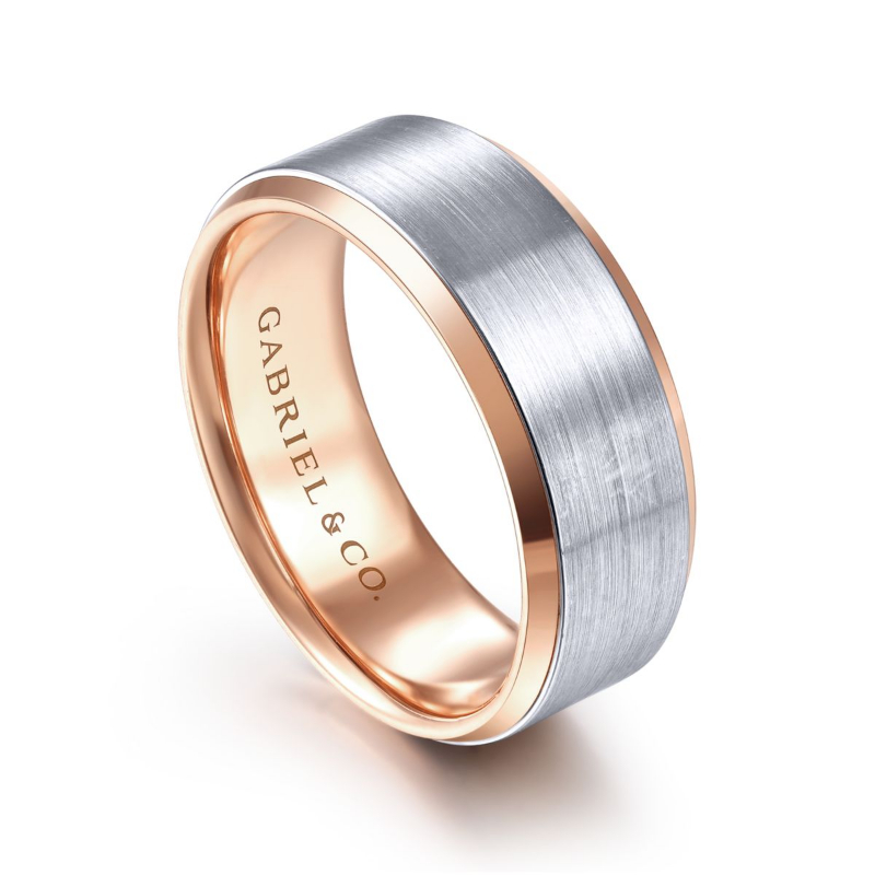 14K White and Rose Gold 8mm Satin Finish Wedding Band