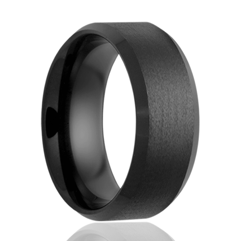 Black Ceramic 8mm Satin Finish and High Polished Beveled Edge Wedding Band