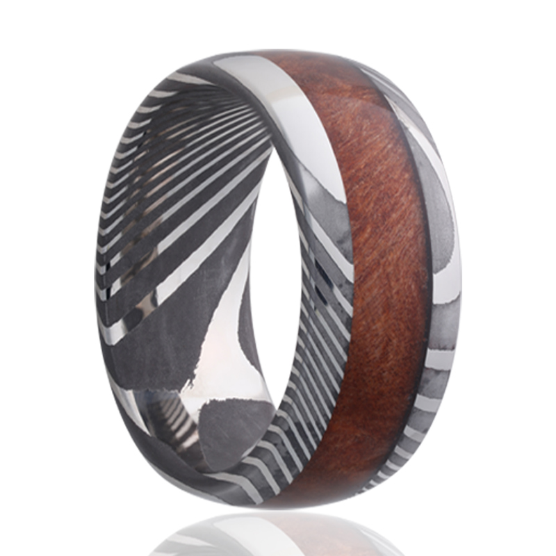 Damascus Steel and Burl Wood Inlay 8mm Wedding Band
